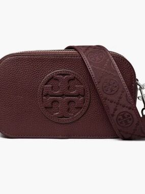 Tory Burch Camera Bag Pebbled Leather Crossbody in Dark Carmine